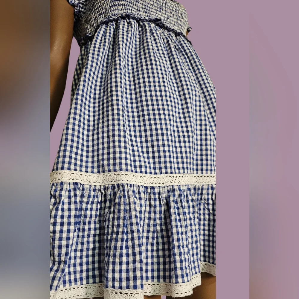 urban outfitters baby doll blue and white checkered mini dress Size S - Picture 5 of 10